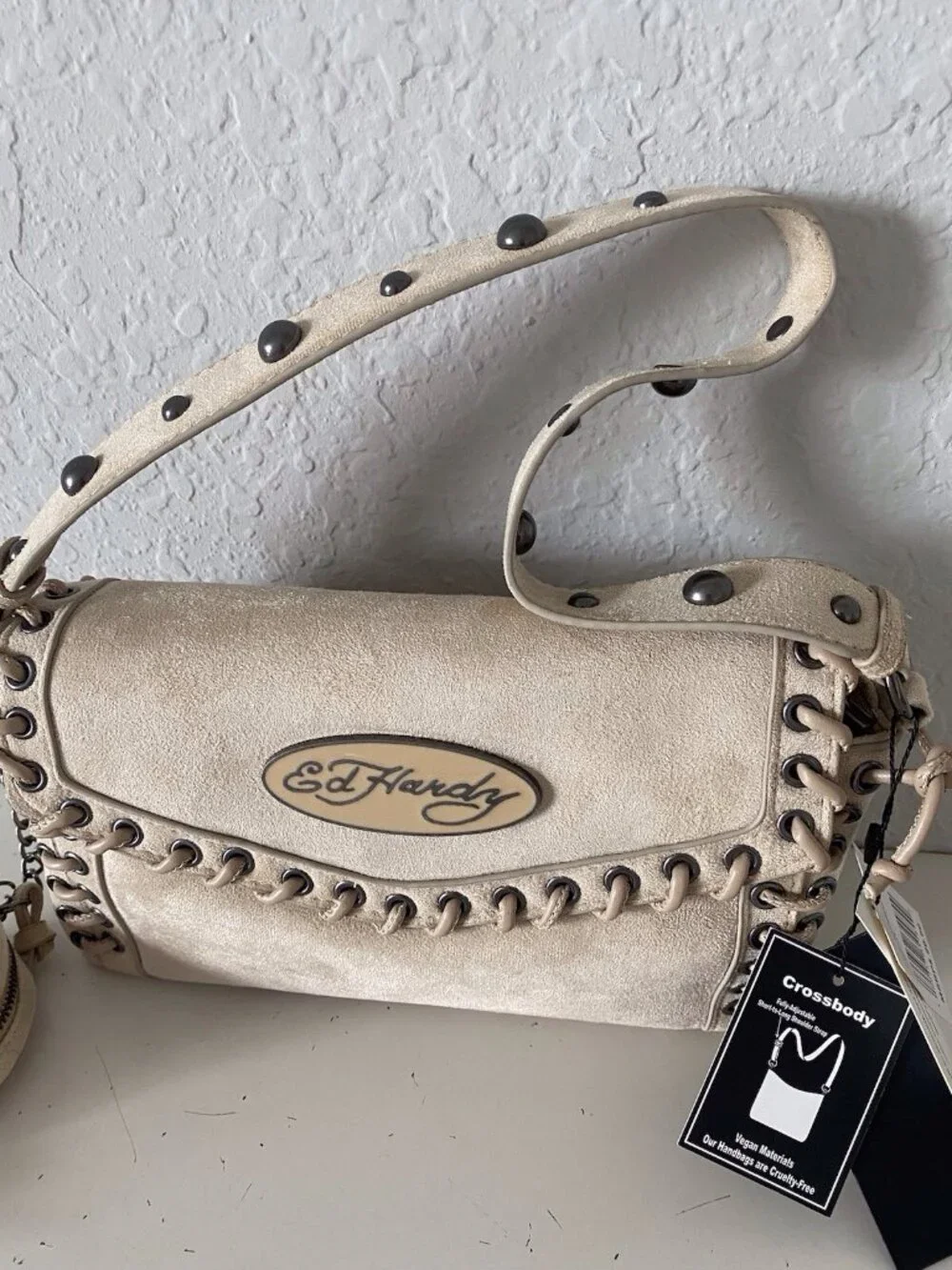 Ed Hardy Jeri Tan Beige Suede Crossbody Bag Studs Zip Closure W/Coin Purse NEW